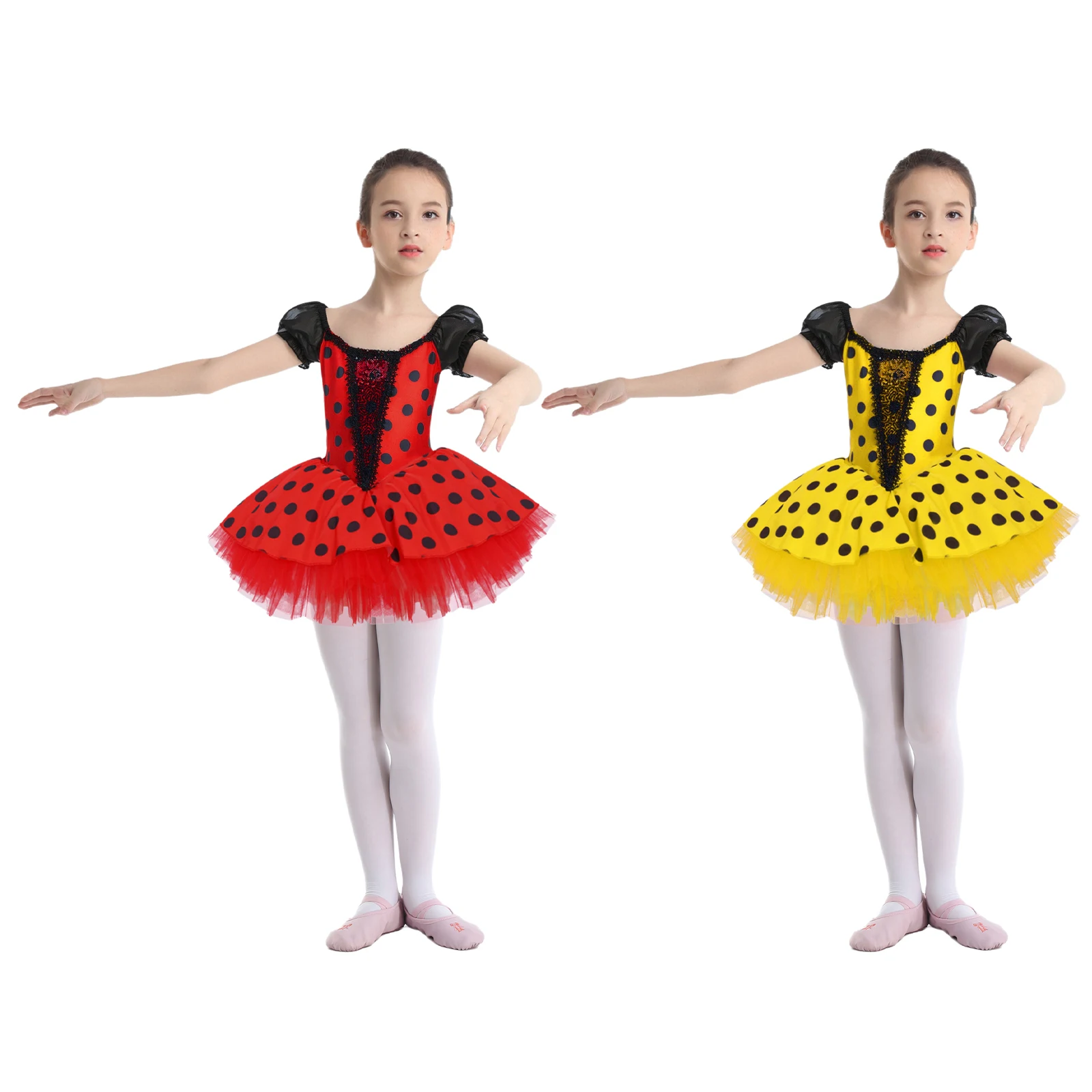 Ballett-Tanzkleid für Kinder, Mädchen, Puffärmel, glänzende Pailletten, Farbblock, Punkte, Tutu-Kleider, Bühnenaufführung, Tanzbekleidung, Kostüm