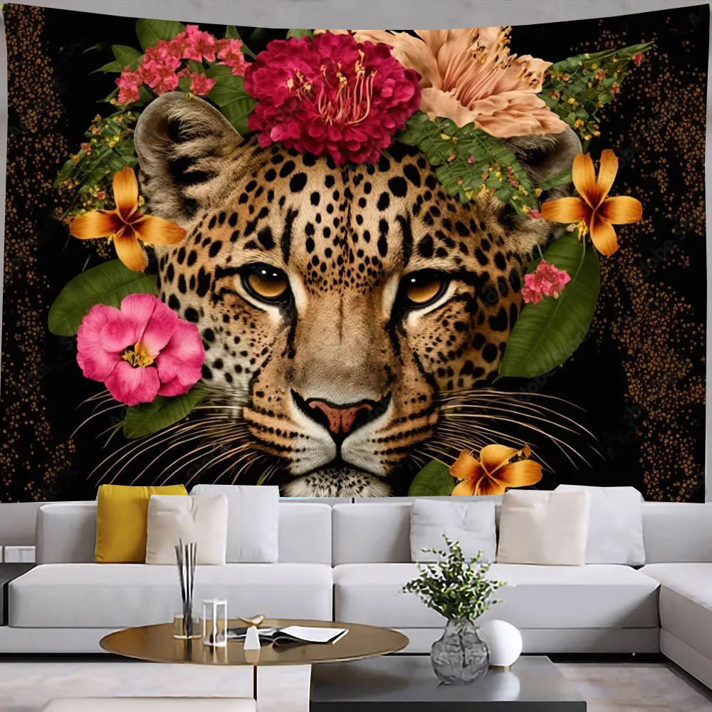 

Animal Leopard Tapestry Cheetah Flowers Wall Cover Cloth Panther Colorful Floral Bedroom Living Room Decor Wall Hanging Blanket