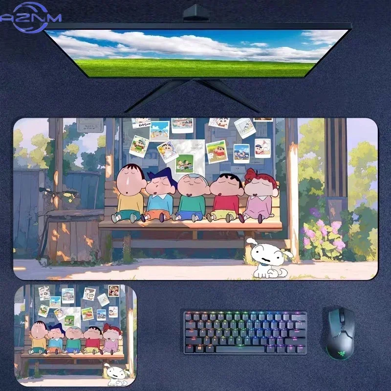 Anime Crayon Shin‑chan Friends Gathering Large Mousepad, Rubber Non‑Slip Stitched Edges Desk Mat, Cute Cartoon Extended Keyboard