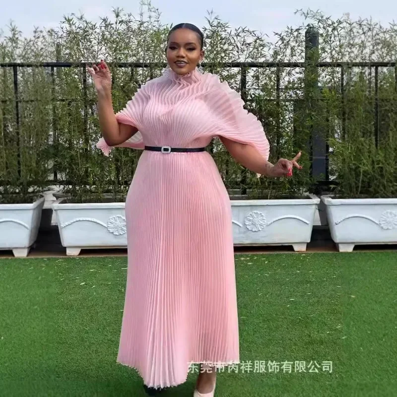 KAF European American Women Elegant Evening Party Dress Solid Color High Neck Loose Large Size Folding Design Casual Dresses
