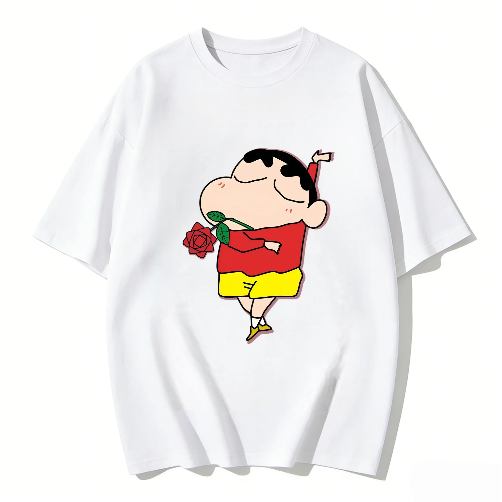 Crayon Shin Chan Couple Rose Print Casual T Shirt Cute Anime Short Sleeve Tee Streetwear Daily Wear