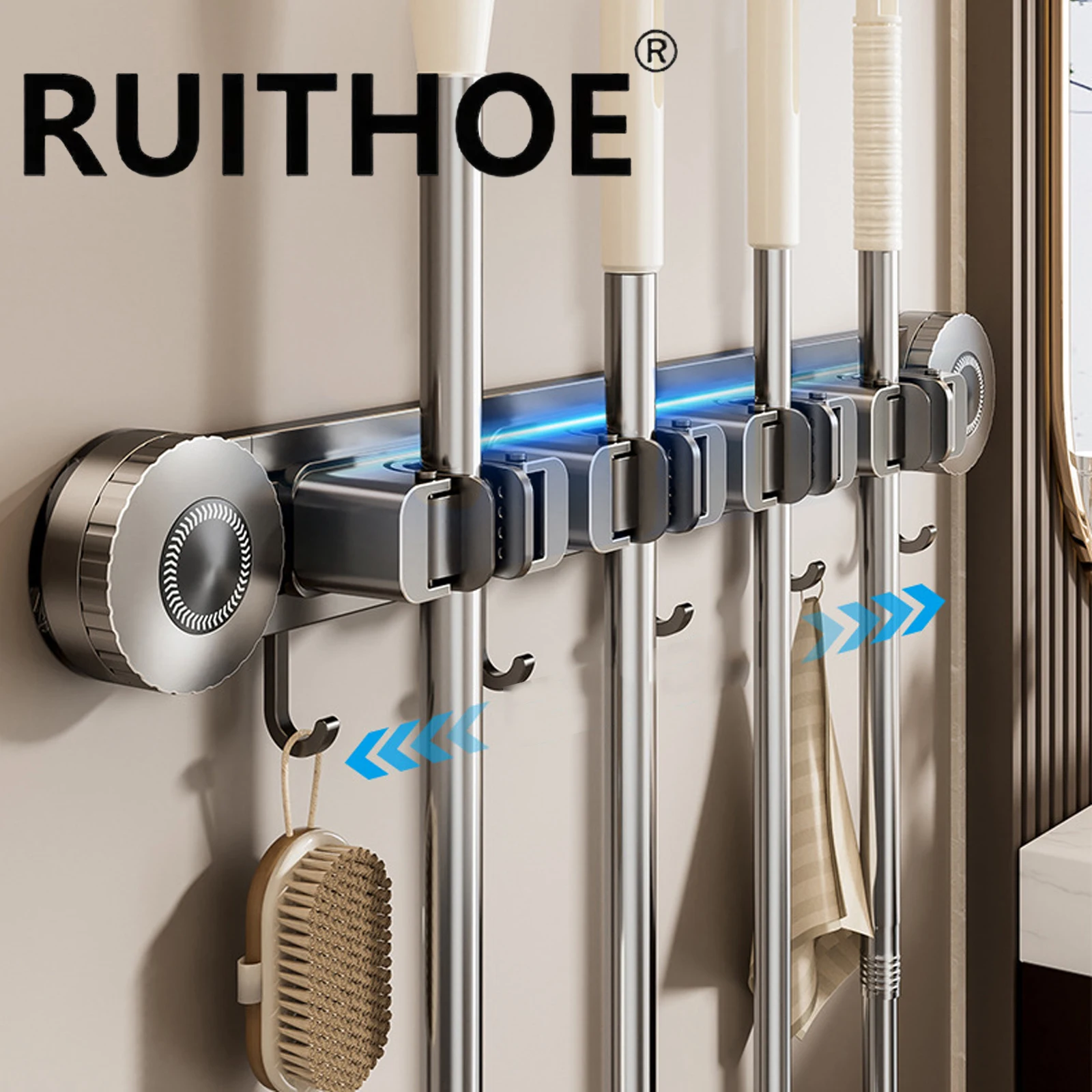 

Space Aluminum Suction Cup Mop Rack Punch-Free with Buckle Clamp Mop Rack Wall-mounted Removable Hook Mop Clip Balcony Bathroom