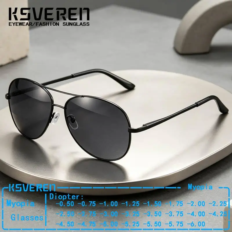 Vintage Pilot Grey Myopia Glasses Metal Double Bridge Men Driving Eyewear Negative Diopter Prescription Sunshade Eyeglasses