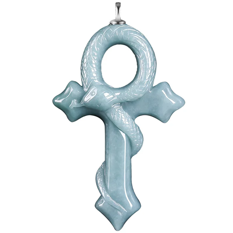

S Myanmar Jadeite Snake Cross Pendant Necklace Gifts for Women Stone Burmese Jade 925 Silver Talismans Fashion Accessories
