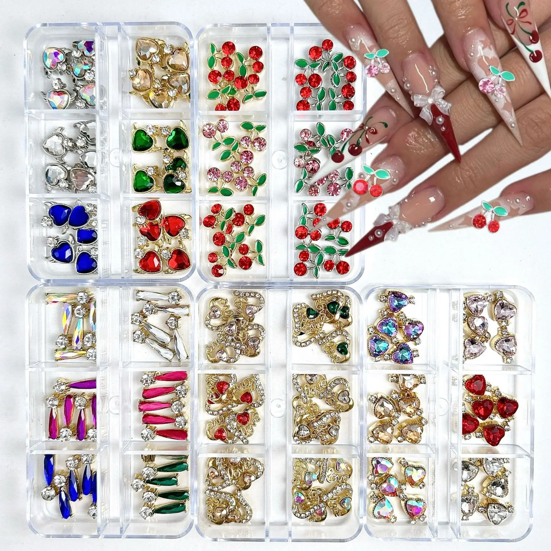 Conjunto de strass para arte em unhas, 6 grades, caixa de liga de luxo, coração, laço, cereja, acessórios para unhas, pedras brilhantes, faça você mesmo, amuletos de unhas