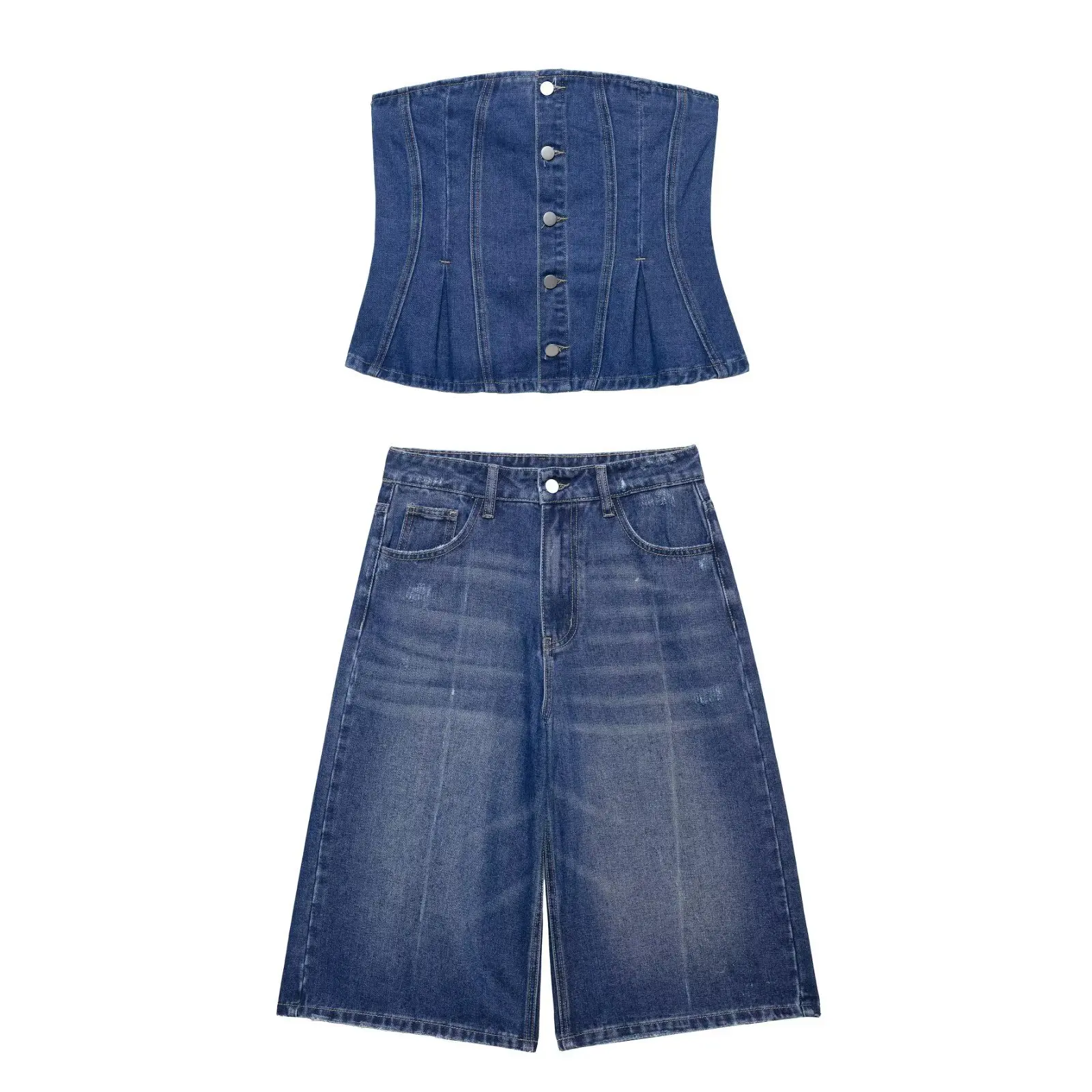 

Women Fashion 2 Piece Set Denim Single Breasted Corset Tops & Vintage Front Zipper Shorts Feamle Chic Lady Shorts Sets