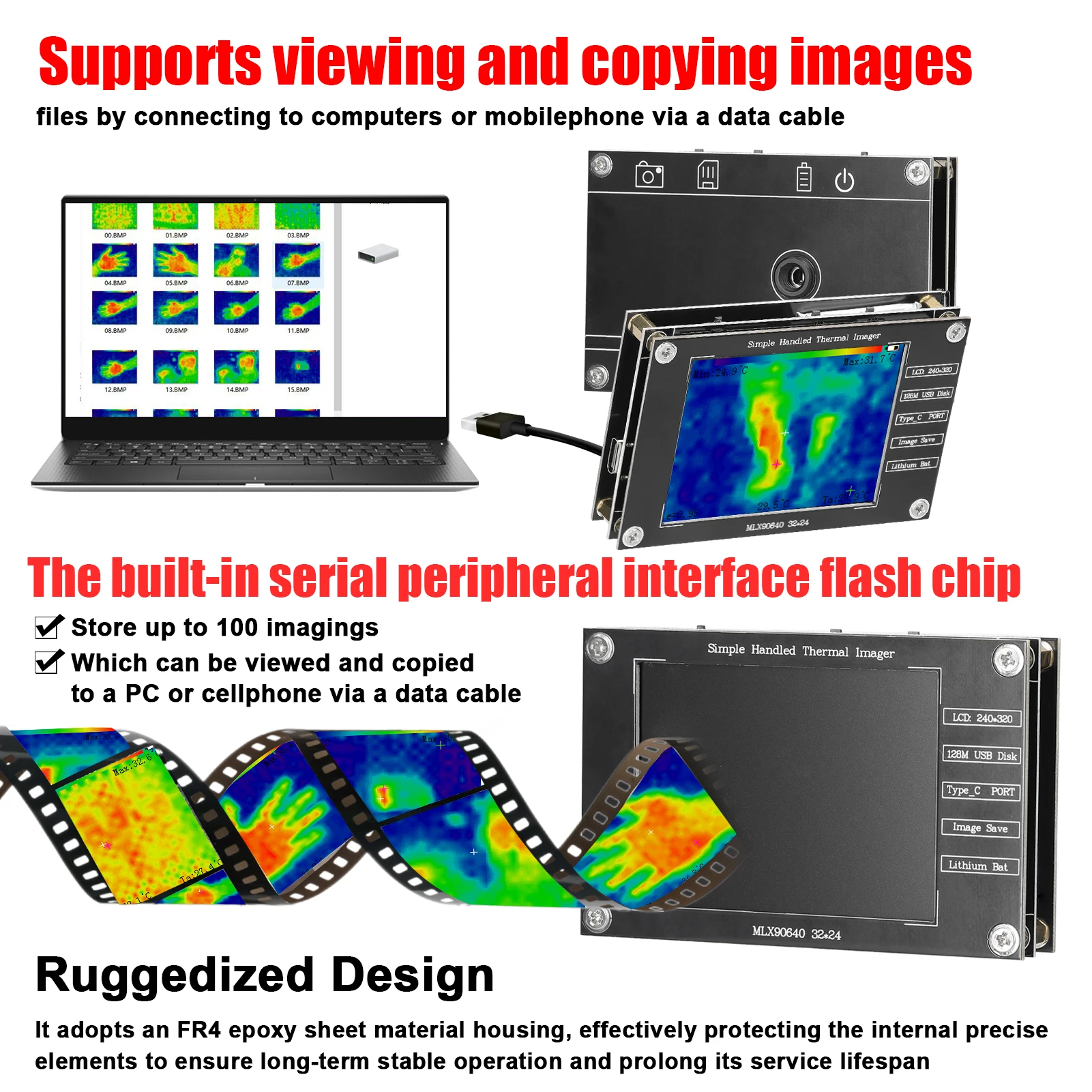 Cámara termográfica portátil -40 ℃   hasta 300 ℃   Cámara de imagen térmica pequeña compatible con imagen máxima de medición de temperatura central mínima
