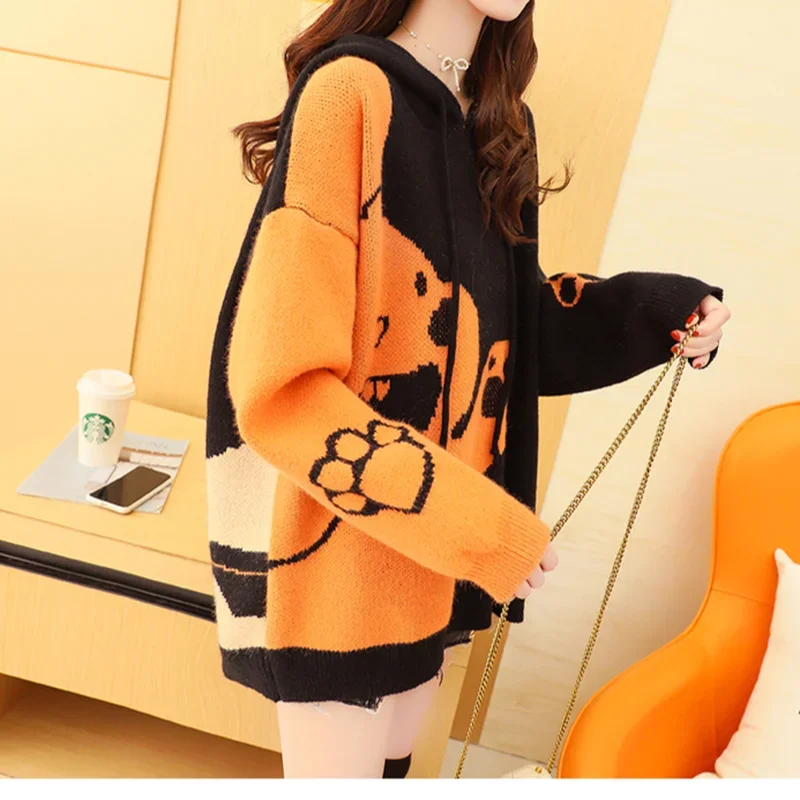  Winter Hooded Sweater And Pullovers Long Sleeve Bear Pattern Casual Jumpers Long Sleeve Pull Femme Patchwork Chic Knit Tops