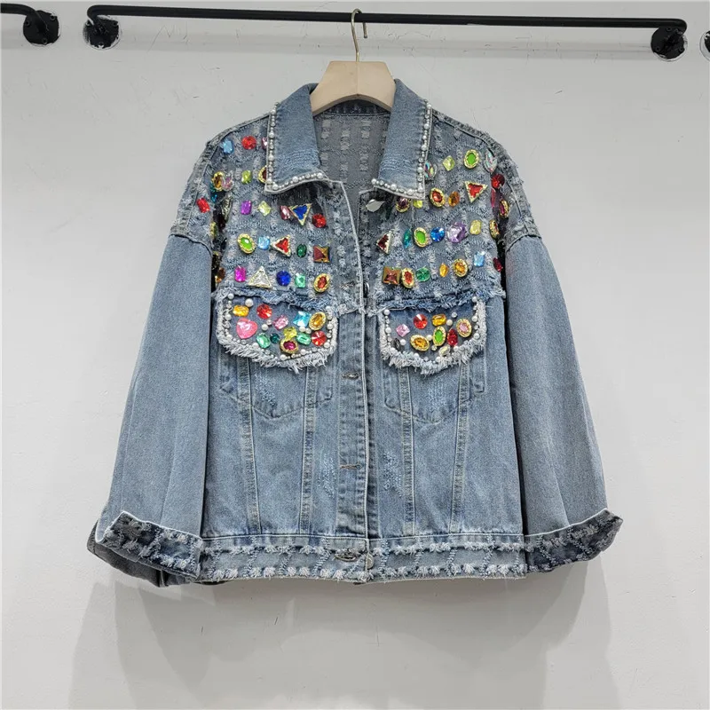 

Vintage Washed Blue Short Denim Coat Spring Women Fashion Diamond Frayed Burrs Hole Casual Long Sleeve Female Jeans Jacket Coat