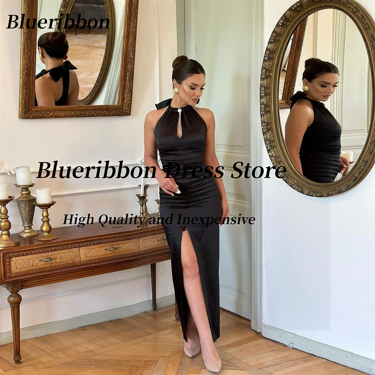 

Blueribbon Ankle Length Black Prom Dresses Keyhole Halter Neck Sexy Back Robe De Cocktail Dresses Ruched Front Slit Evening Gown