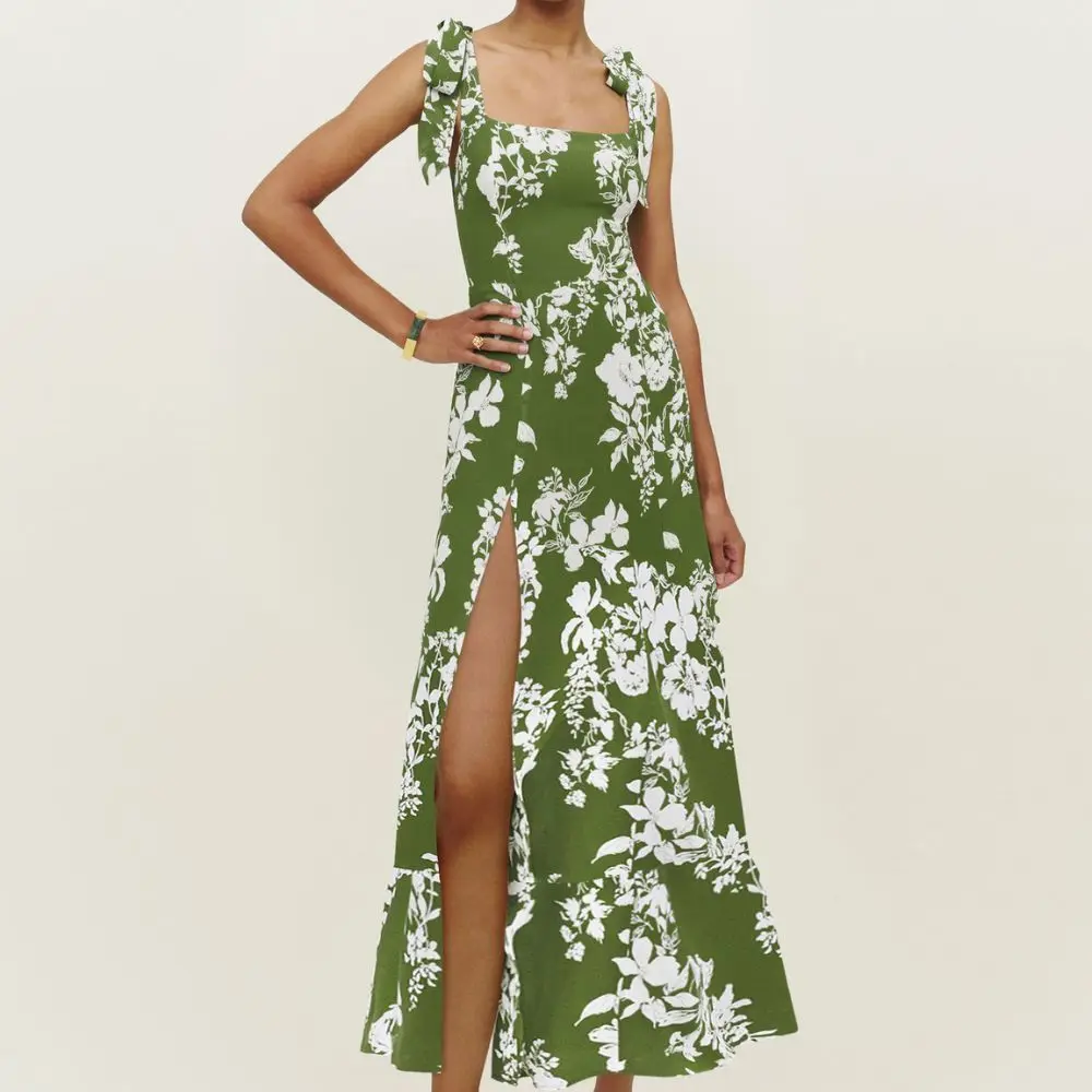 Neckholder-Träger Blumen kleid ärmelloses lässiges High-Slit-Damen-Midi kleid Sommer sexy Riemen Schlitz kleid Vierkant-Schnür kleid