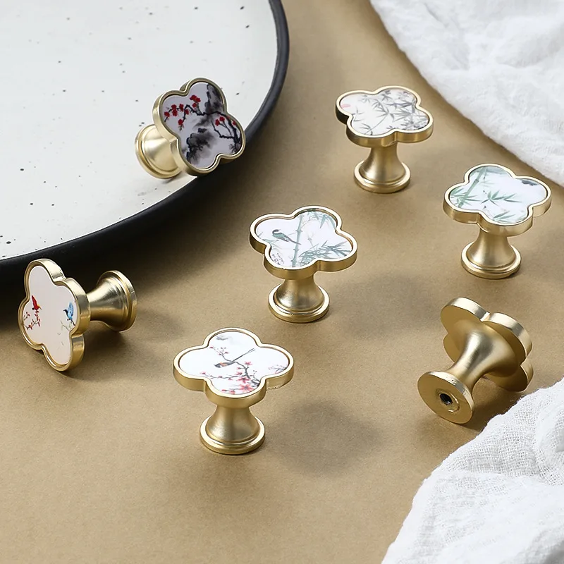 New Chinese Style Four Leaf Clover Cabinet Knobs Song Aesthetics Single Hole Drawer Wardrobe Door Furniture Handles