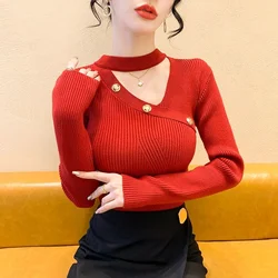 Fleece Knitting Autumn Winter 2024 New Slim Hollow Out Sweater Ladies Fashion Buttons Solid Color Irregular Pullovers Top Tee