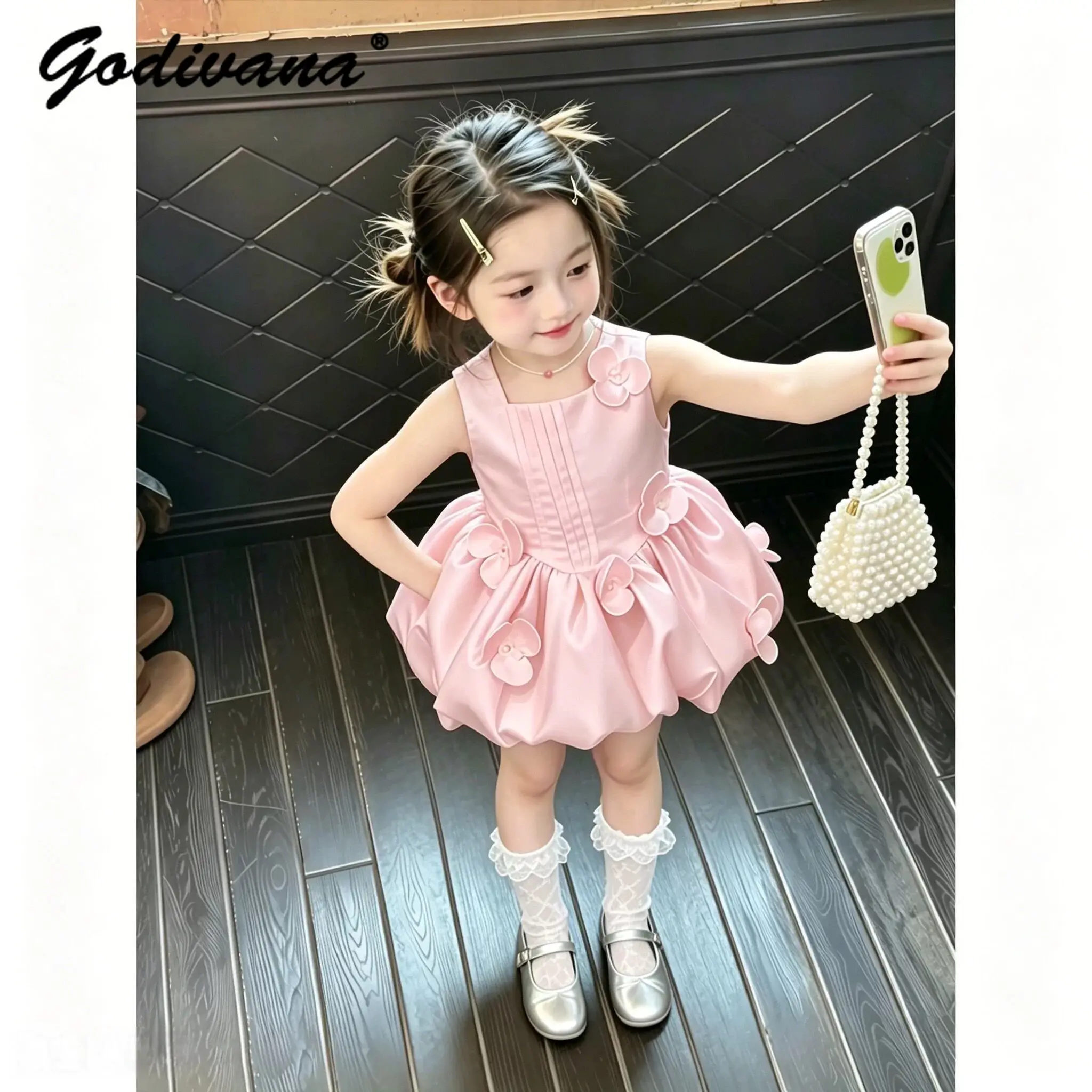 Sweet Baby Girls High End Luxury Princess Sundress 2026 New Summer Childrens Exquisite 3D Floral Light Pink Birthday Bud Dress
