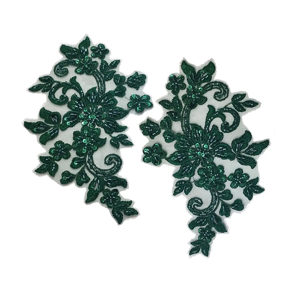 1 Pair Dark Green Beaded Applique Flower Patch Sew On Wedding Dress Accessories Sequin Fabric For Clothing