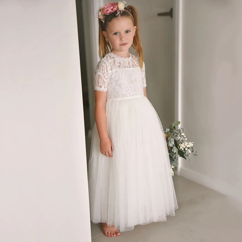 Robe de demoiselle d'honneur avec appliques en dentelle personnalisées, ligne A simple, col rond, longueur de rinçage, robe de fête d'anniversaire, tulle gonflé, première salle de bain pour bébé