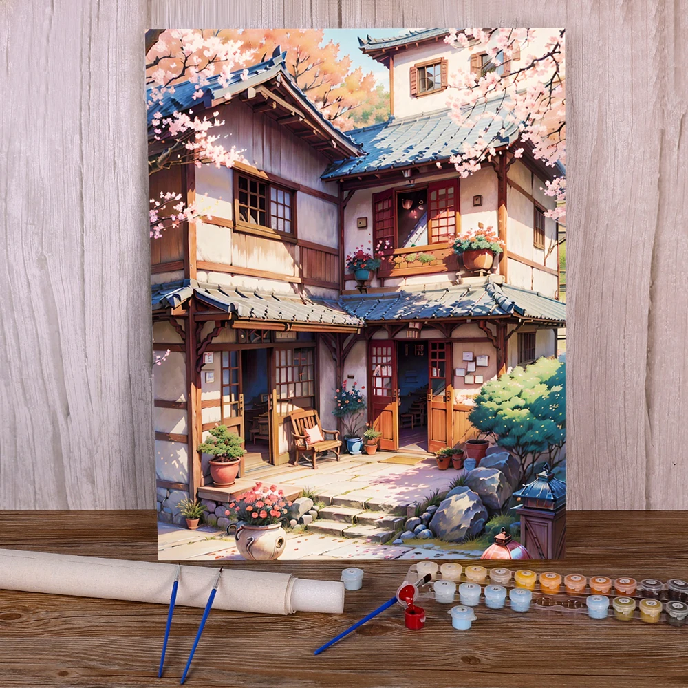 Japanese Sakura House Paint By Numbers For Adults Custom Crafts Supplies For Adults Wall Decor Mother's Gift Wholesale 2024 NEW