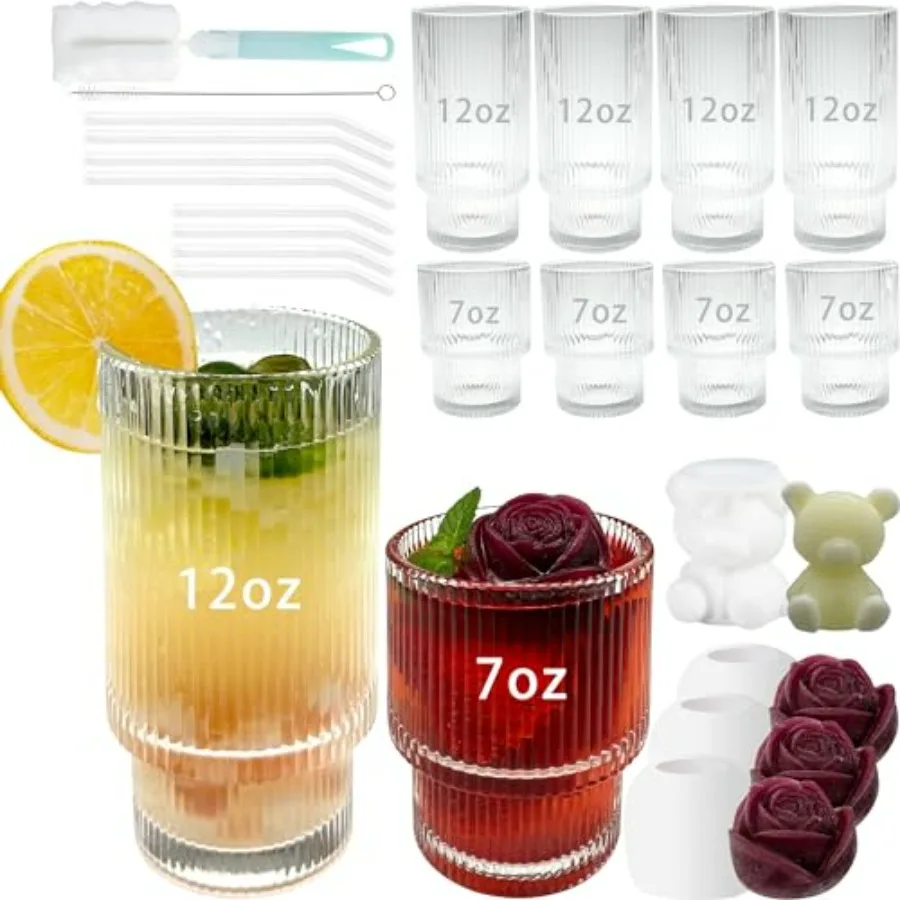 

Набор стаканов для питья в рубчик с соломинкой и формочками для льда 12 унций x 4 7 унций x 4 идеально подходит для коктейлей, сока, льда, чая, кофе Easy