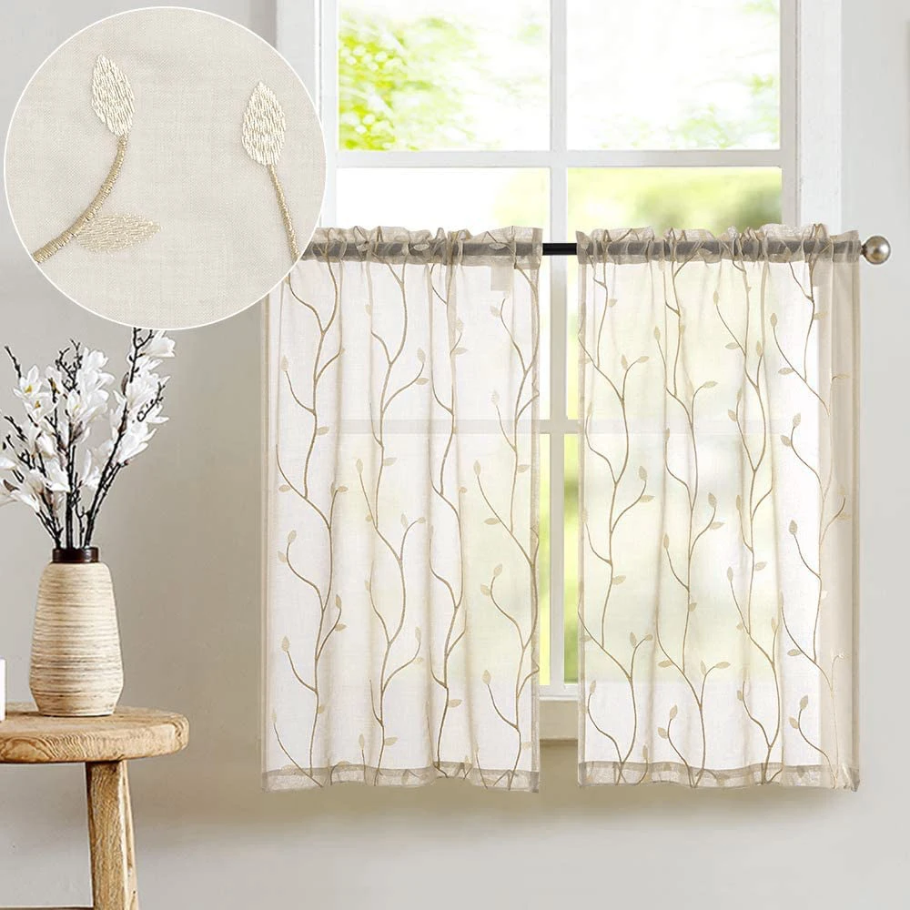 JINCHAN 26*24 inch Leaf Embroidery Voile Kitchen Curtains Sheer Cafe Curtain Rod Pocket Short Window Drapes Living Room 2 Panels