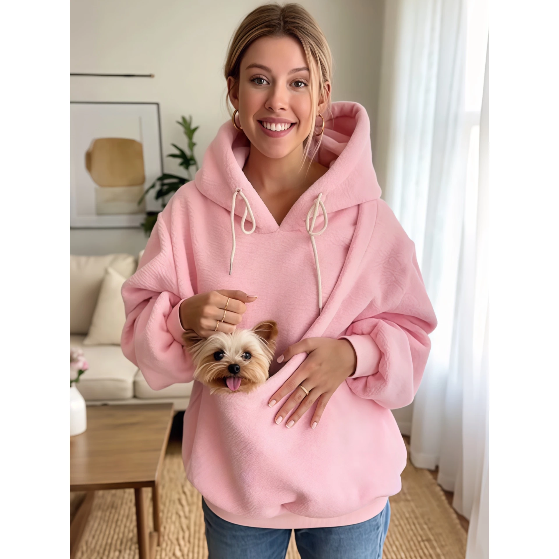 Hooded Plush Sweatshirt Women's Loose Fit Pet Carrier  Friendly Long Sleeve Thermal Comfortable Hoodie Girls Fashion Winter
