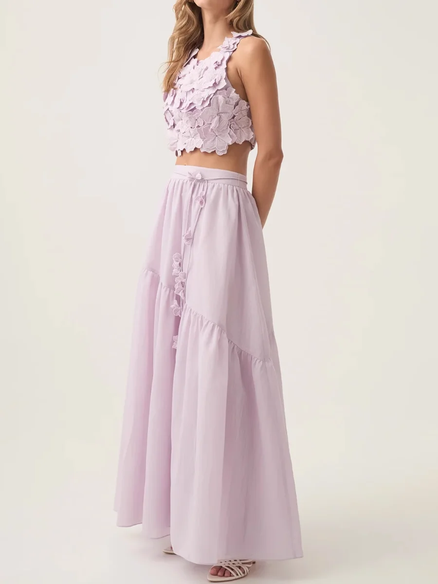Damen-Rock-Set mit 3D-Blumen, O-Ausschnitt, ärmellos, rückenfrei, Weste oder hohe Taille, A-Linie, langer Jupe-eleganter Damenanzug