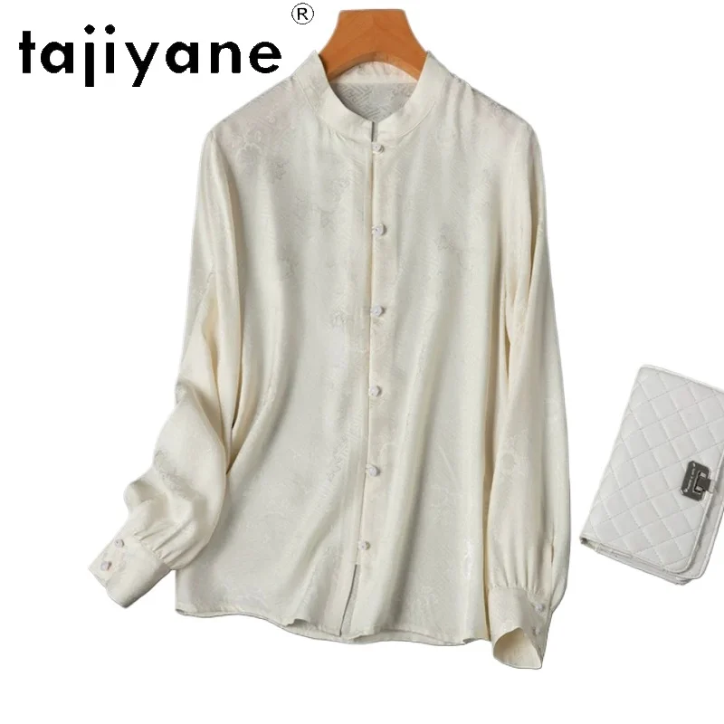 

TAJIYANE 20MM 100% Real Mulberry Silk Shirt Women Elegant White Jacquard Blouse Stand Collar Spring Tops Woman Clothes 2026 셔츠