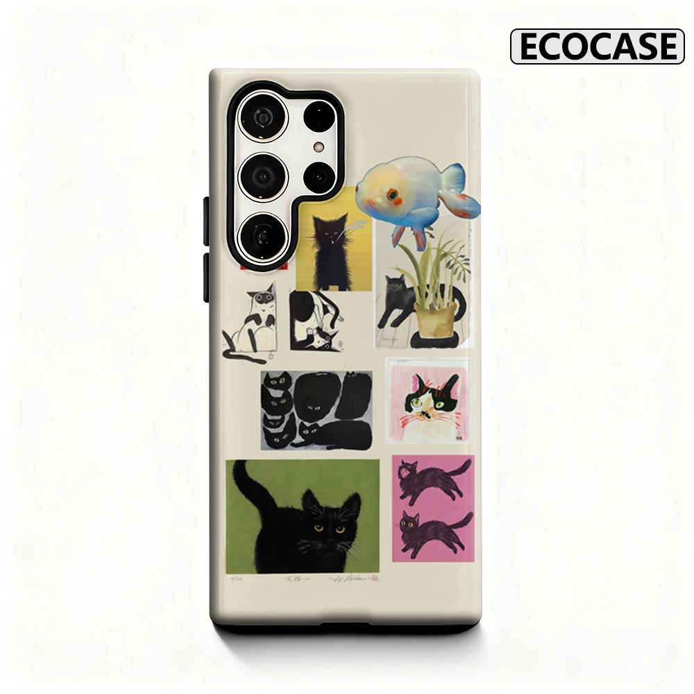 Handyhülle mit Katzen und Goldfischen für Samsung Galaxy S25 Ultra S24 S23 Ultra Plus, glänzende doppellagige Rückseite
