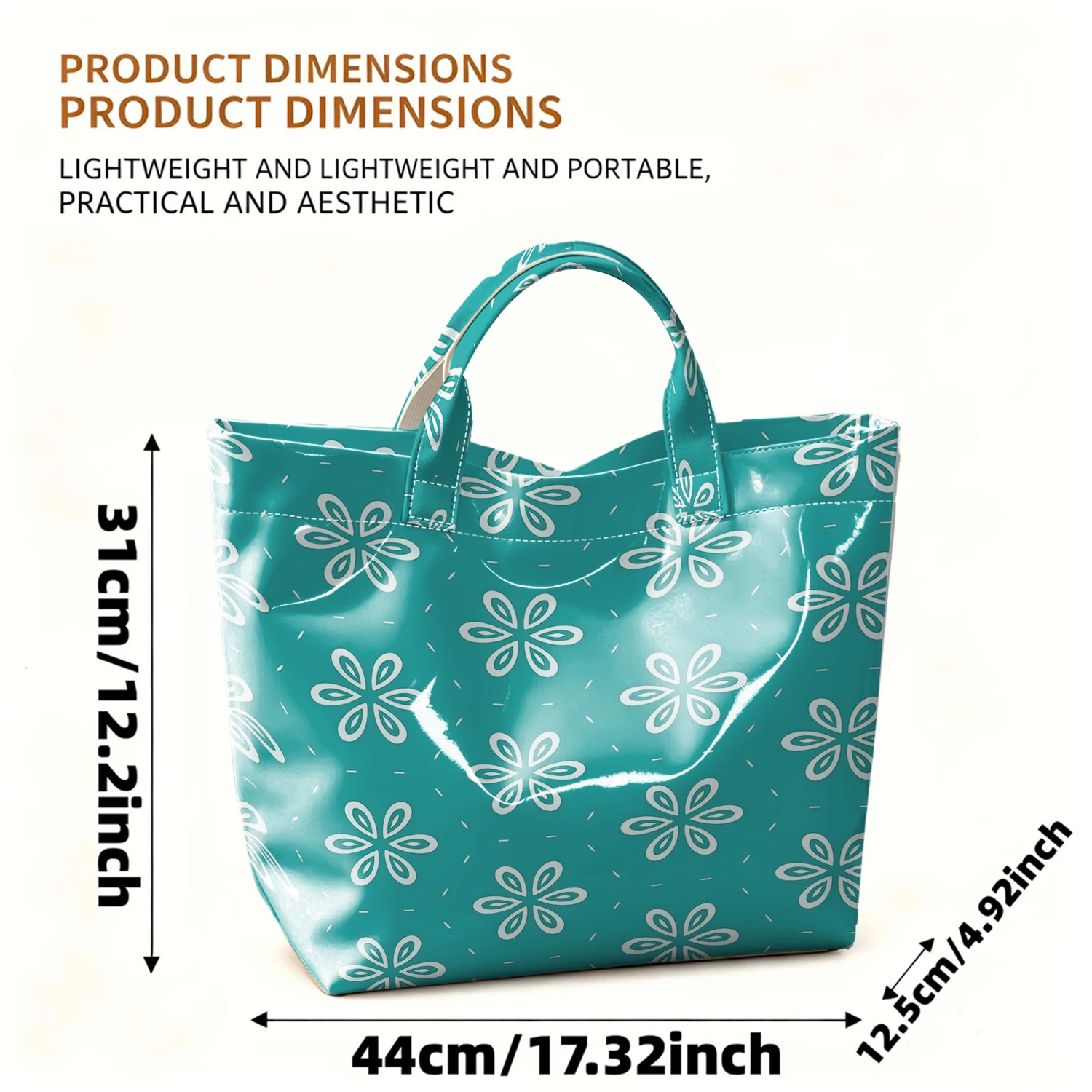 Minimal Teal Bloom Hot Sale Large Glossy PVC Tote Bag Hand Washable Waterproof Great for Travel Commute Makeup Storage Handbags - Image 3