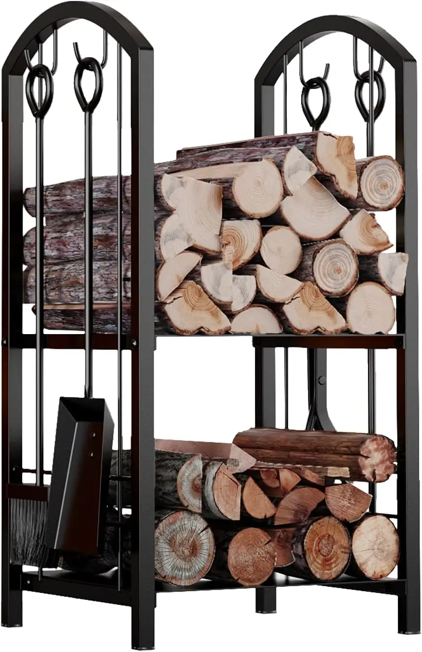 

Fireplace Firewood Log Rack 5-Piece Storage Holder with Tools Set Black