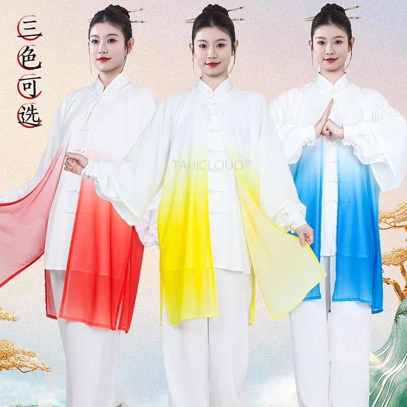 2025 Gradient Tai Chi Veil Cape - Mid-Length Ombre Overcoat for Women's Martial Arts Team Performance (Wushu Show)