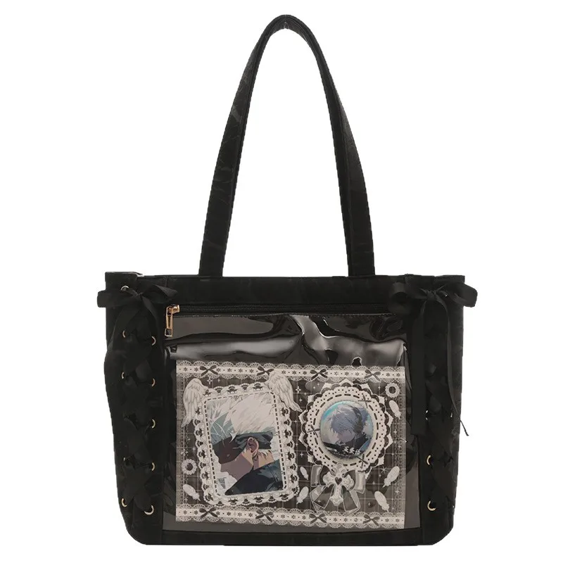 Bolso de hombro transparente con cinta de seda japonesa, bolsa con cremallera de gran capacidad, almacenamiento transparente para muñecas, bolso impermeable para mujer