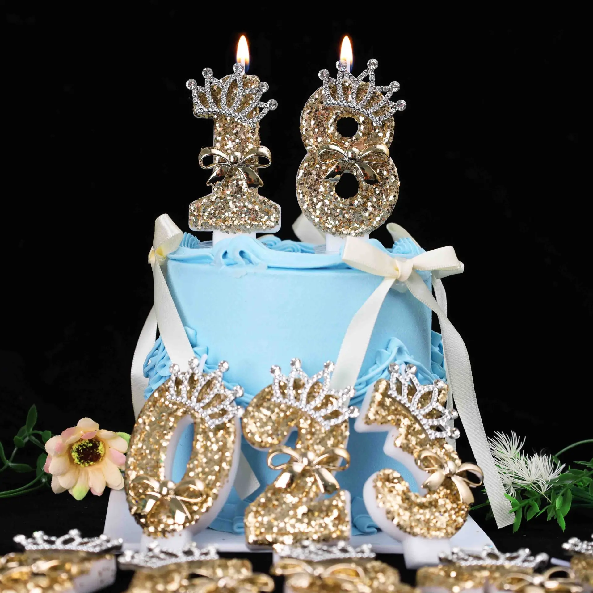 0-9 Gold Glitter Crown Number Birthday Candles, Rhinestone Bow Cake Topper for 18th Birthday, Party, Wedding, Anniversary Decor