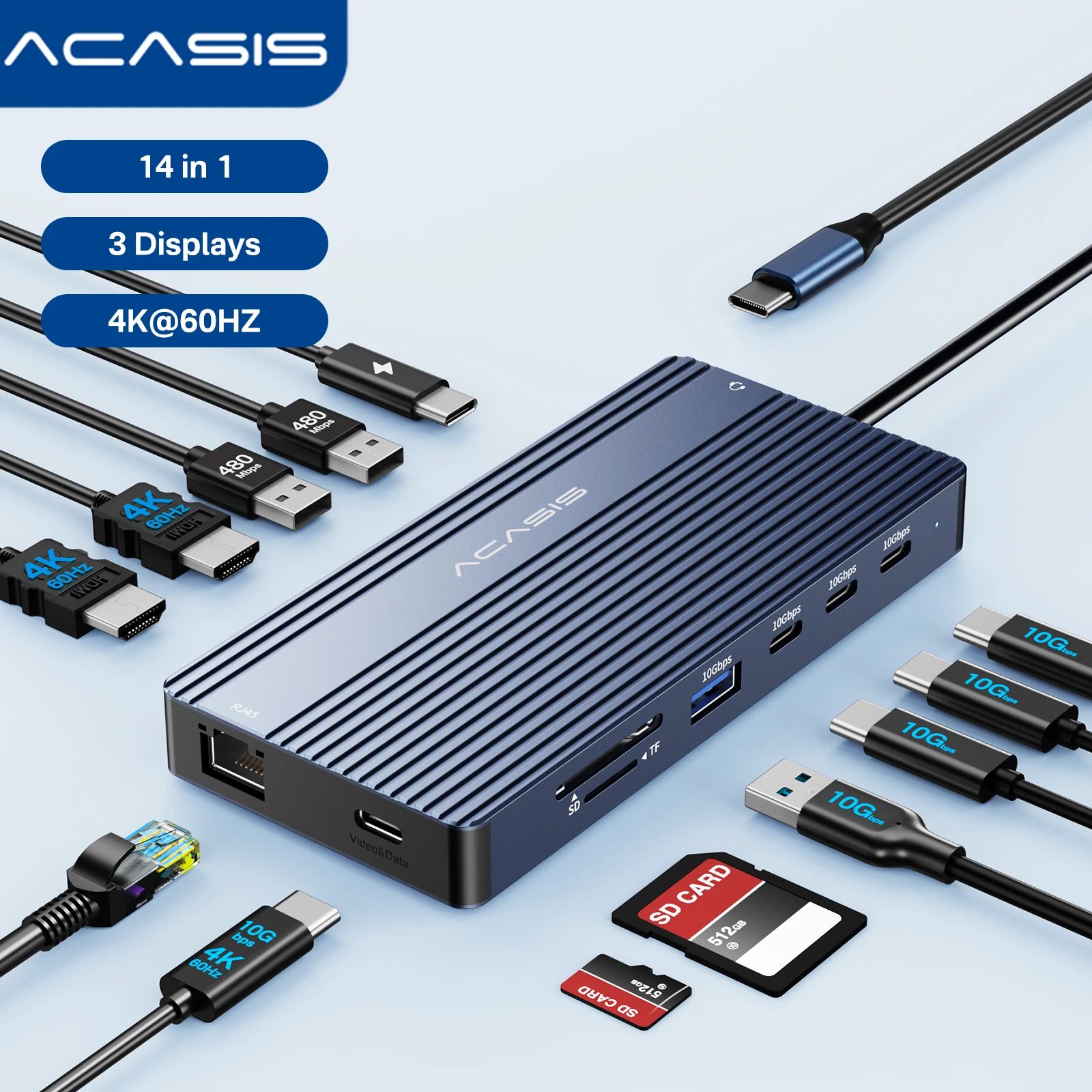 Acasis 14 in 1 USB-C Docking Station Type-C Hub 10Gbps 4K/60HZ PD100W 1000Mbps Ethernet 85W Input For Laptop Hub