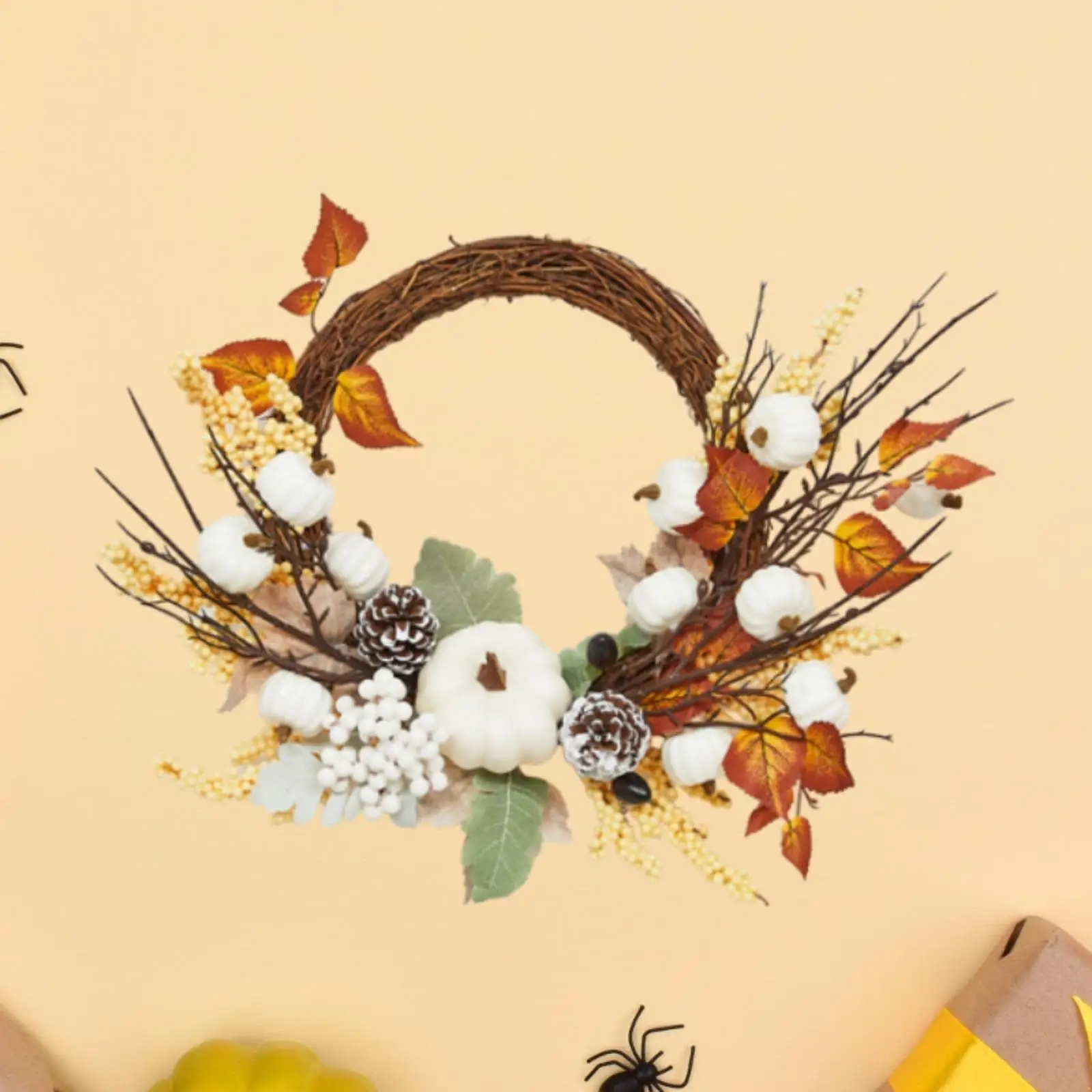 

23.6inch Autumn Fall Wall Door Wreath Artificial Pumpkin Handicraft Decoration Halloween Wreath for Outside Farmhouse Decor