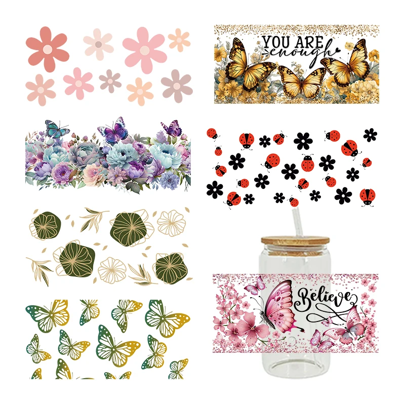 UV DTF Transfers Stickers, 16oz, Cup Wraps, Flower, Butterfly Printed, DIY Glass, Ceramic, Metal, Leather, Etc D7623