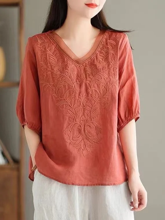 

Новинка 2025, женский льняной топ с вышивкой, летний тонкий ort Sve, хлопок и лен, свободный крой, универсальный топ большого размера, корейский слей