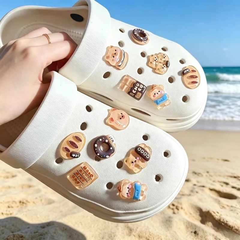 Designer Quality DIY Hole Shoes Charms Set Cute Cartoon Teddy Bear Bread Garden Shoe Decoration Accessories for Girls