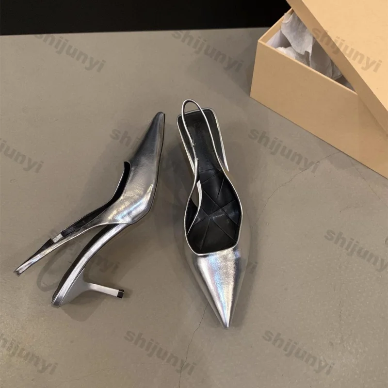 Women Design Silver Pointed Sandals Women Spring New Pumps Sexy Party Thin Heels Single Shoes Female Elegant Mules Dress Sandals image 5