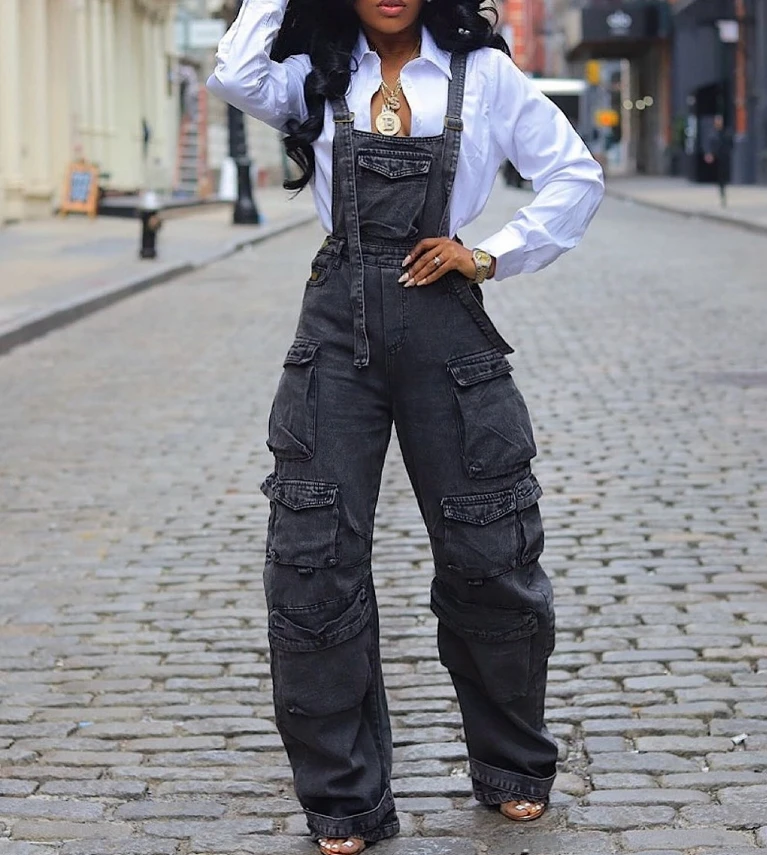 Tuta con canottiere in denim allentato multitasche alla moda per abbigliamento da donna Tute lunghe senza maniche femminili da strada personalizzate