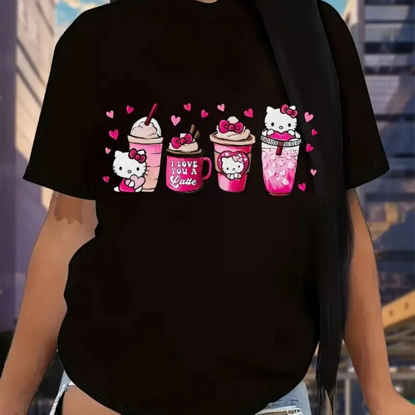 

Sanrio Hello Kitty Pattern T-shirt - Cute Cartoon Printed Pink Bow and Heart, Cotton Loose Round Neck Casual, Machine Washable