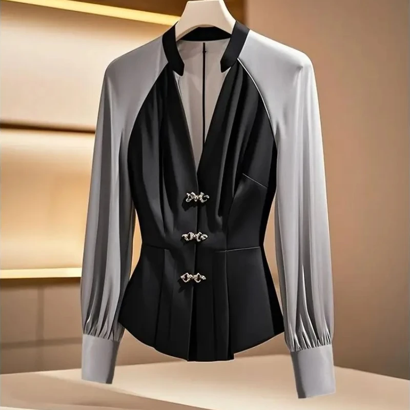 

Autumn French High-end Elegant Patchwork V-neck Women Shirt 2000s Spring Vintage Office Lady Slim Long Sleeve Blouses Y2k Chic