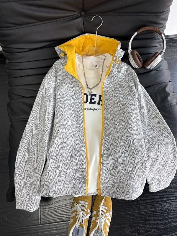 

Retro American Color Blo Hoodie Jaet Men Women Autumn Winter Loose Fit Couple's Clothing Contrast Color Splicing Design