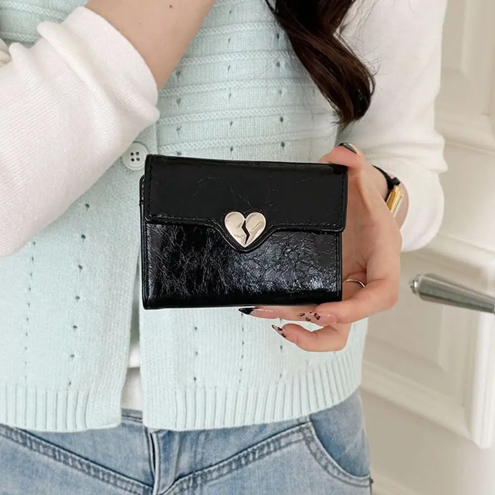

Ins Korean Crack Heart Wallet PU Leather Short Women's Leather Wallet Fold High Quality Student Purse Girls