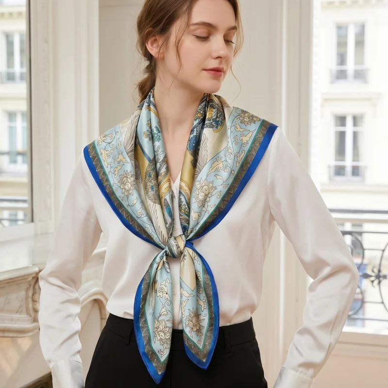 

100%Mulberry Silk Scarf 35" Square Headscarf Women’s Hair Wraps Travel Shawl (88*88cm) With Gift Packed Light Blue Vintage Print