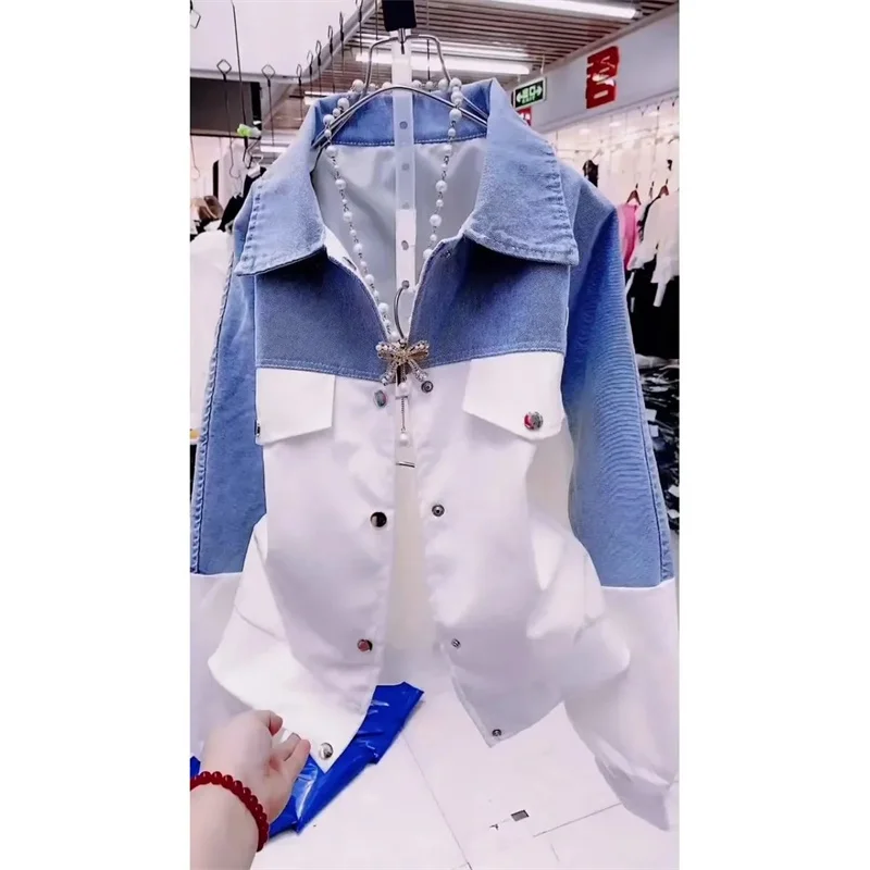 Autumn Spliced Denim Jacket Women Fashion Loose Contrast Casual Jeans Coat 2024 New Female Cowboy Overcoat Ladies Cardigan Tops