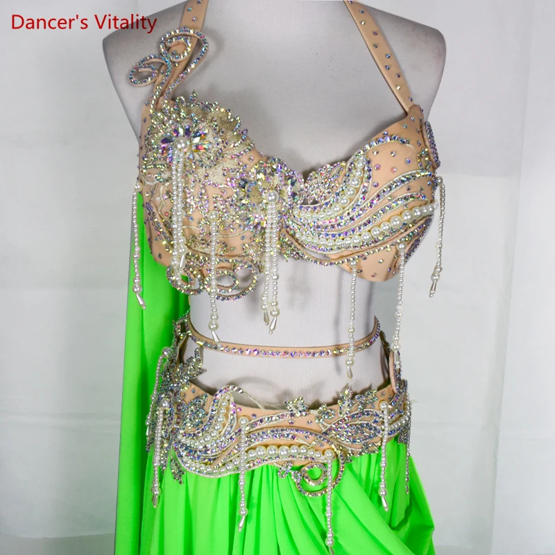 Belly Dance Suit Diamond Bra Belt Chiffon Big Swing Skirt Performance Set High-End Custom Adult Child Competition Clothing