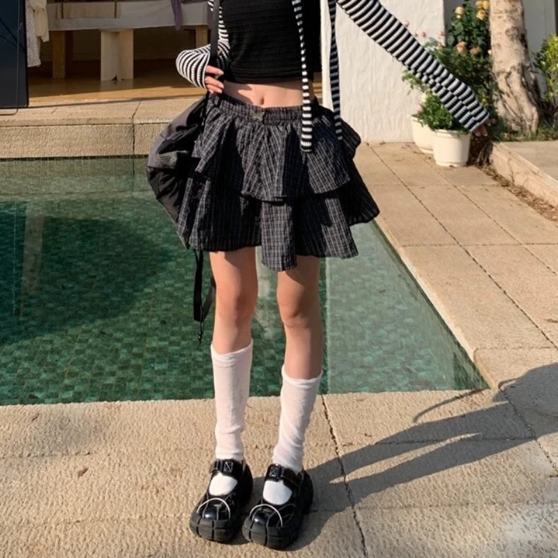 Deeptown Ruffle Plaid Mini Skirt Women Kawaii Preppy Style Short Skirts Layered Sweet Cute Korean Fashion Casual Street Skirt