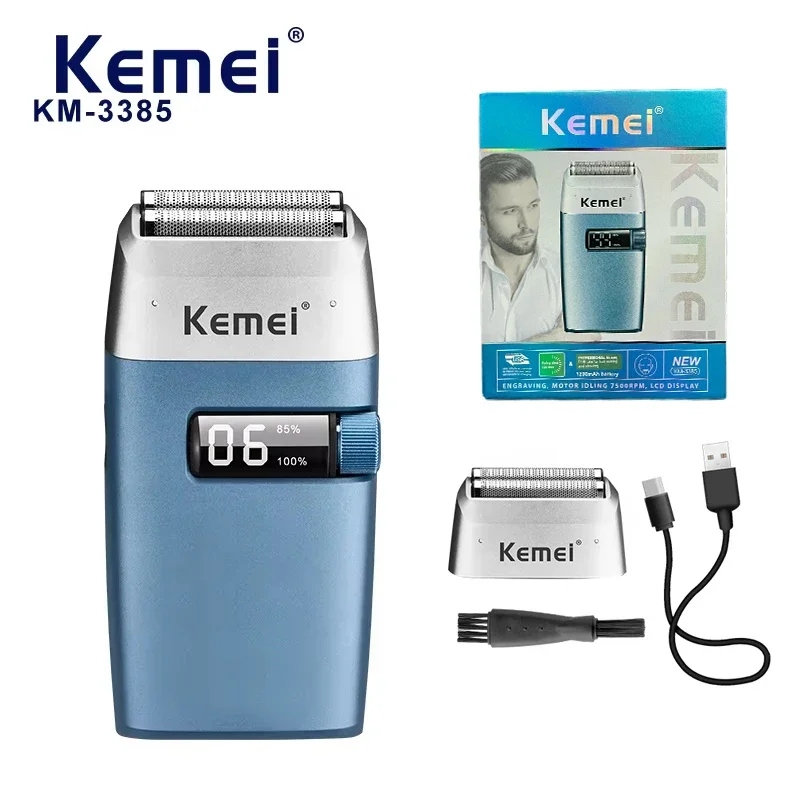 Kemei KM-3385 Afeitadora eléctrica de doble hoja alternante recargable por USB, Afeitadora profesional digital LCD para hombres