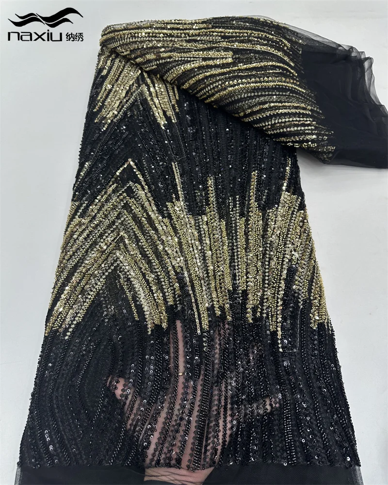 

Madison 5 Yards Latest African Sequins Lace Fabric 2025 High Quality Embroidery Beaded Mesh Fabric For Women Wedding Party Dress