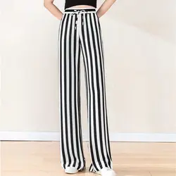 Wide Legged Women's 2024 Summer Patchwork Stripe Loose High Waited Pocket Drawstring Fashion Elegant All Match Casual Pants